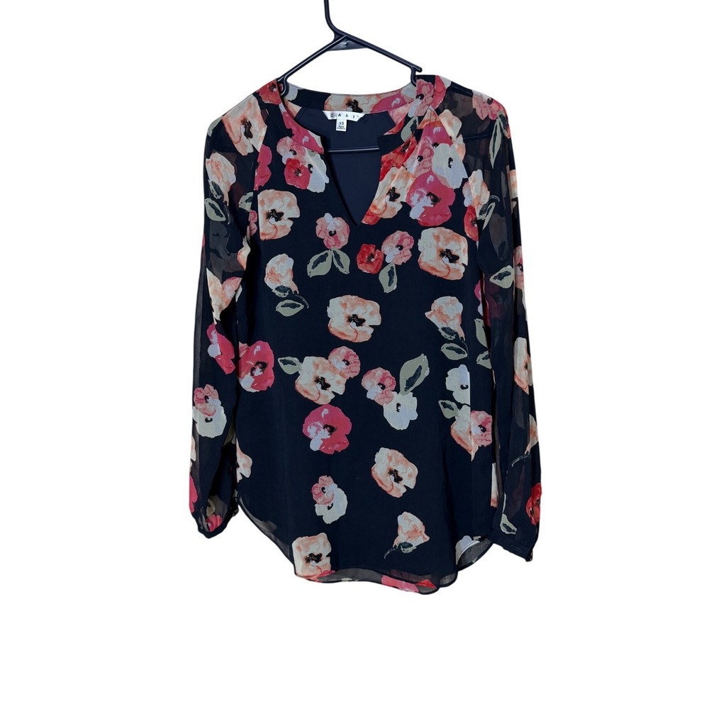 Cabi Navy Blue Floral Watercolor Sheer Sleeve Blouse Womens XS